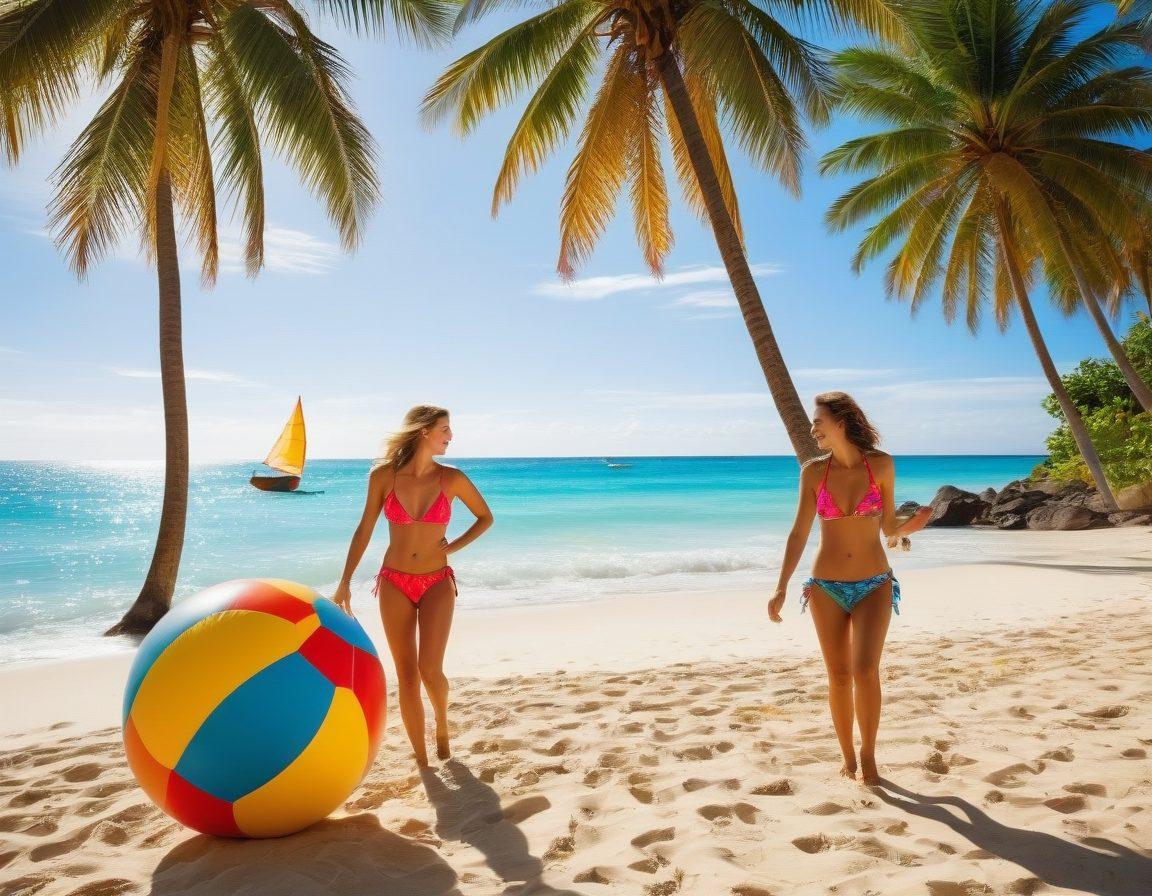 A vibrant beach scene featuring a diverse group of couples in stylish, colorful swimwear, engaged in playful activities like beach volleyball and sunbathing. Incorporate tropical palm trees, a bright blue ocean, and a colorful beach ball. Emphasize a sense of freedom, joy, and community, with smiles and laughter all around. The overall ambiance should reflect a carefree and adventurous spirit. tropical realism. vibrant colors. natural sunlight.
